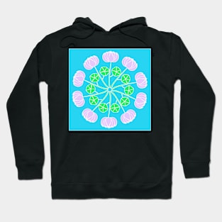 Pink flowers in a circle on blue background Hoodie